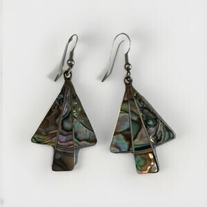 Vintage Mexico Alpaca Silver Abalone Inlay Dangle Earrings Arrowhead Tree